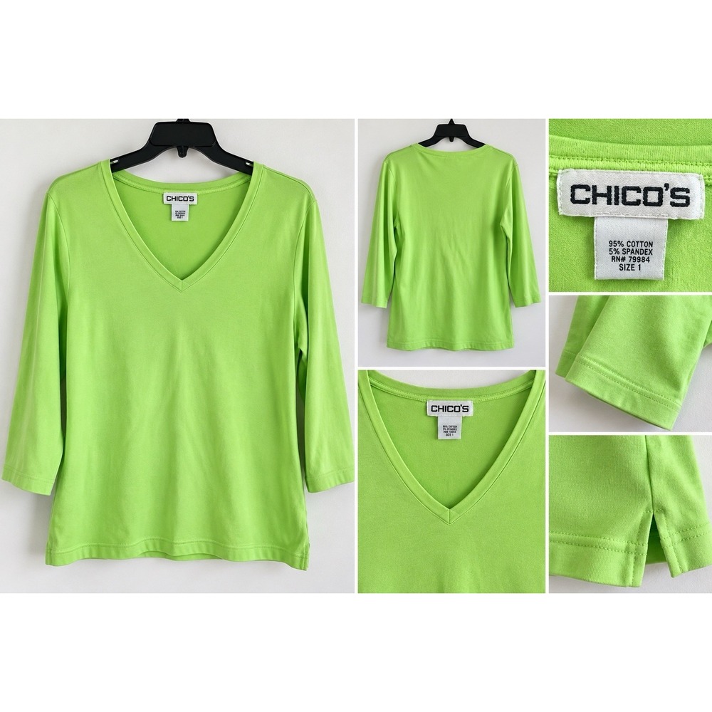 Chicos Pima Cotton 3/4 Sleeve T Shirt Size 1 US Medium Green V Neck Top